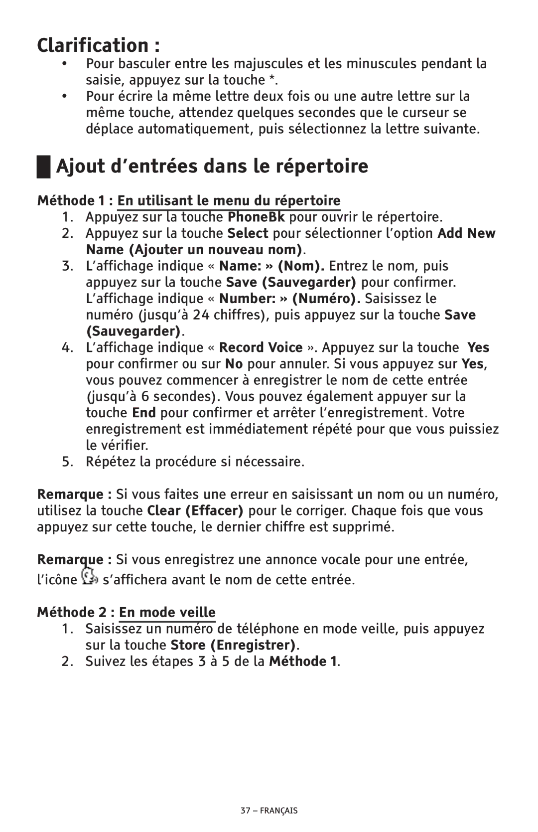 ClearSounds CSC600D manual Clarification , Ajout d’entrées dans le répertoire, Méthode 1 En utilisant le menu du répertoire 